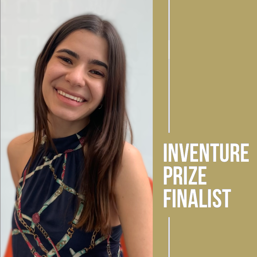 Headshot of a smiling woman next to the words Inventure Prize Finalist
